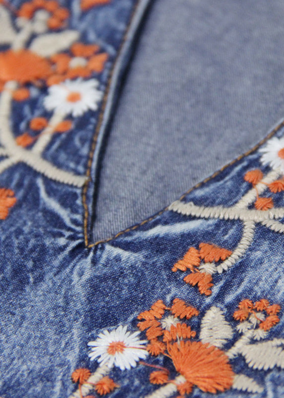 Unique Blue V Neck Ruffled Cinched Embroideried Cotton Denim Dresses Short Sleeve
