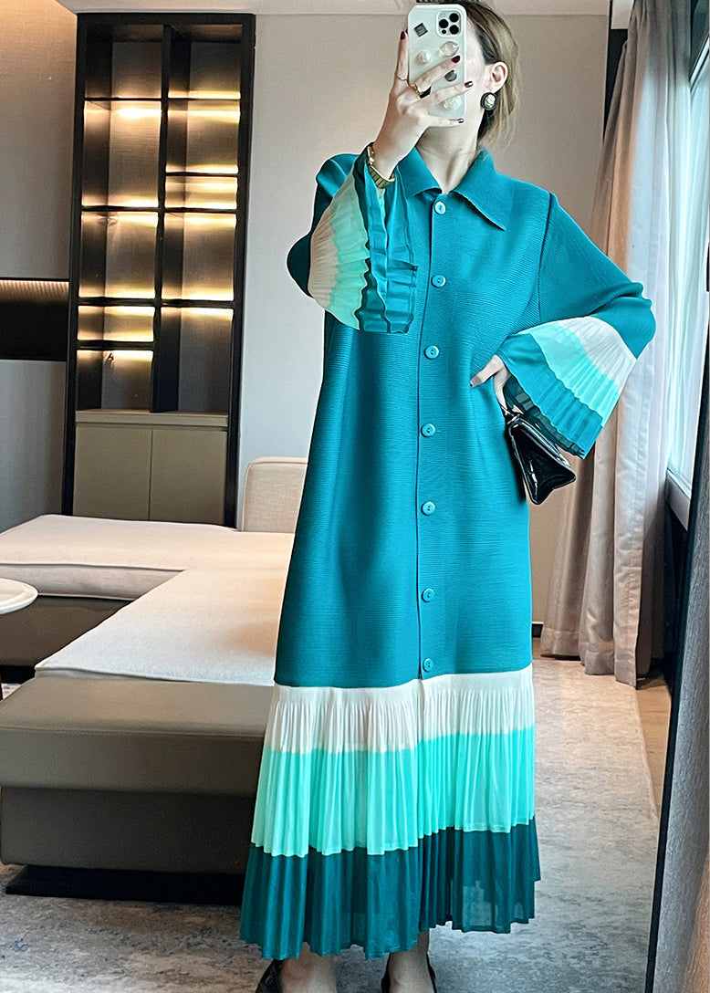 Unique Blue Wrinkled Button Patchwork Cotton Dress Petal Sleeve