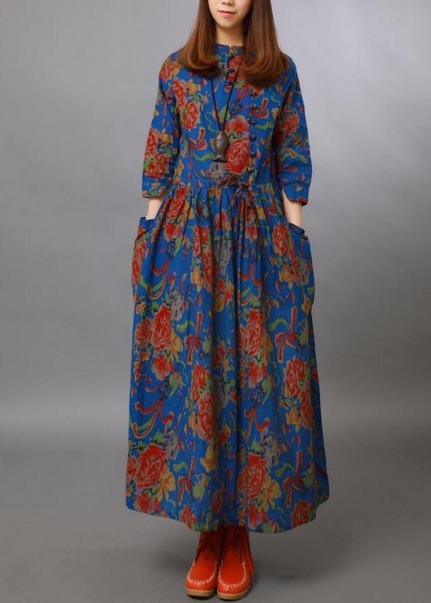 Unique Blue peony Tunic Stand Collar Half Sleeve Maxi Spring Dresses - Omychic