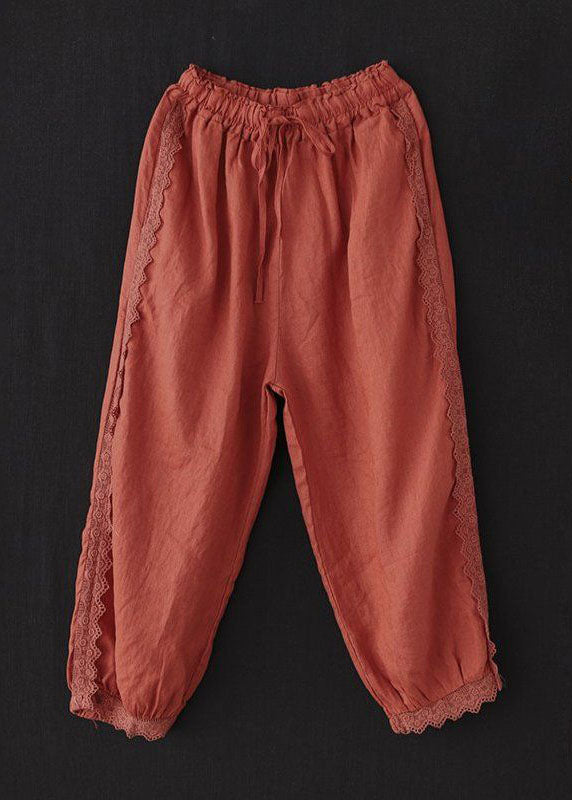 Unique Brick Red Lace Patchwork Linen Crop Pants Summer