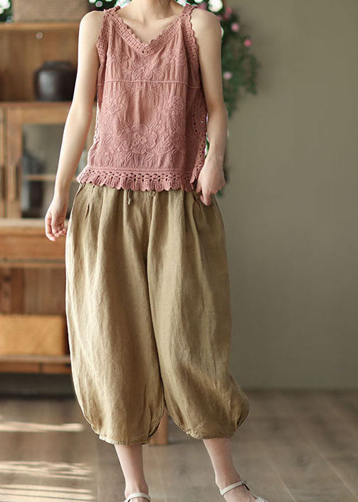 Unique Brown Pockets Patchwork Linen Crop Pants Summer