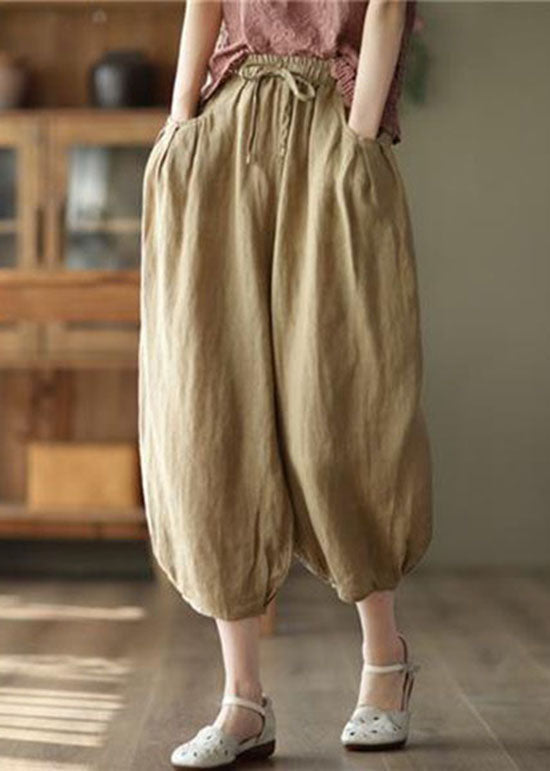 Unique Brown Pockets Patchwork Linen Crop Pants Summer