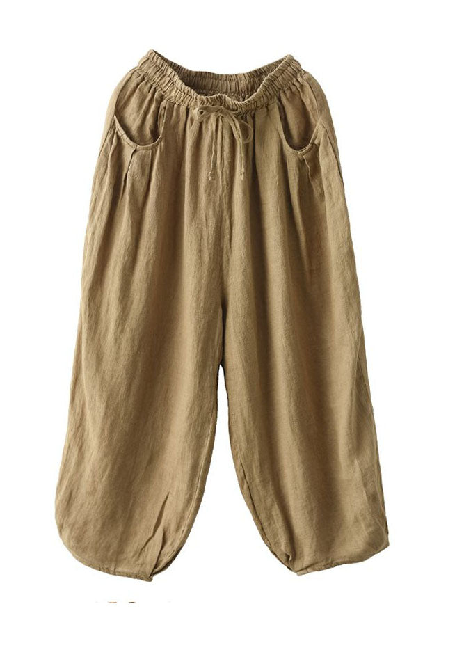 Unique Brown Pockets Patchwork Linen Crop Pants Summer