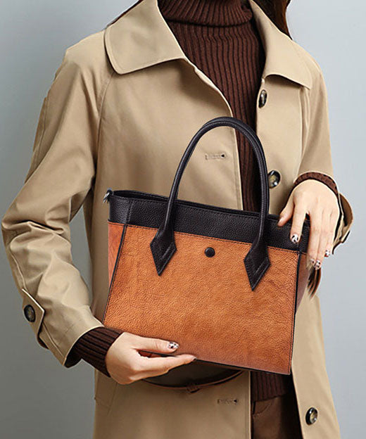 Unique Brown Solid Paitings Calf Leather Satchel Handbag