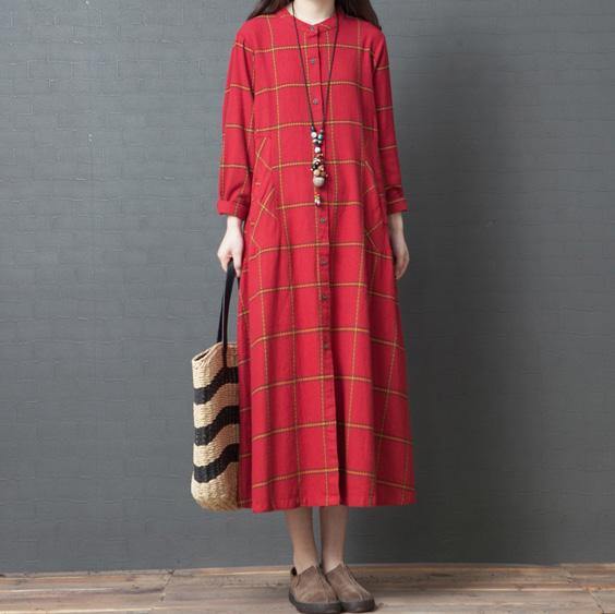 Unique Button Down cotton quilting dresses Plus Size Fabrics red Plaid long Dress - Omychic