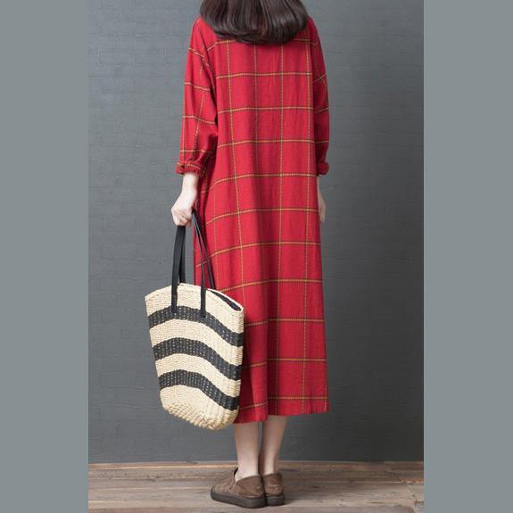Unique Button Down cotton quilting dresses Plus Size Fabrics red Plaid long Dress - Omychic