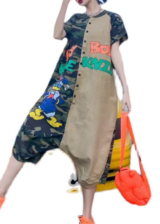 Unique Camouflage Cartoon Print Patchwork Cotton Jumpsuits Summer