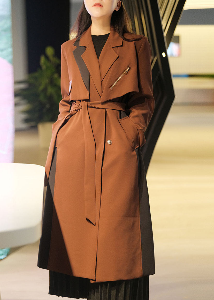 Unique Caramel Zip Up Patchwork Spandex Trench Coats 2 Piece Outfit Fall