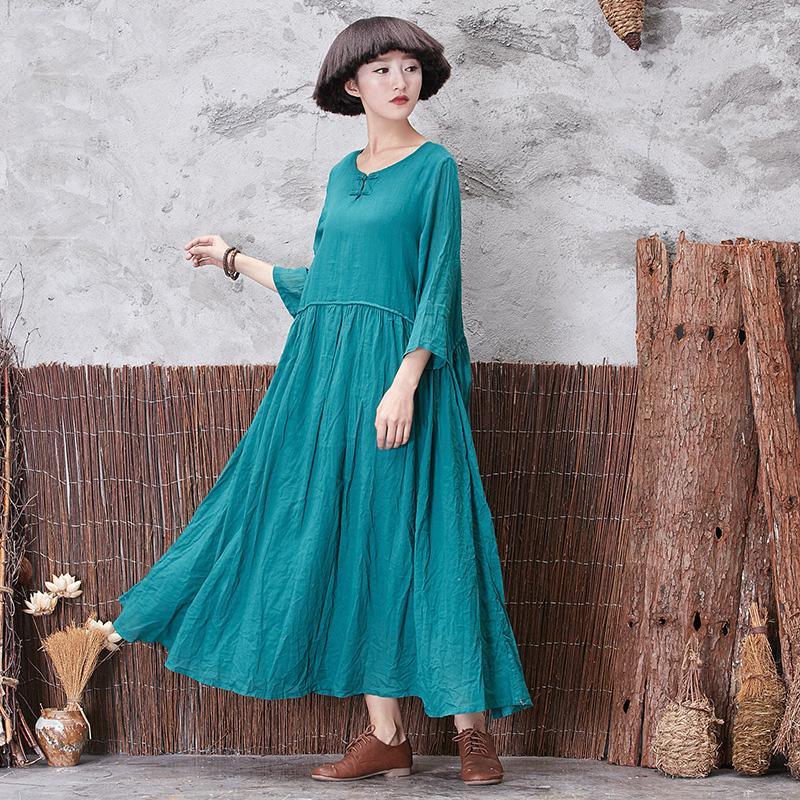 Unique Chinese Button cotton clothes For Women Runway green long Dresses bracelet sleeved - Omychic