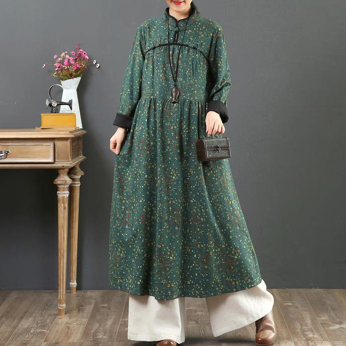 Unique Chinese Button cotton stand collar dress Tunic Tops green prints cotton robes Dresses - Omychic