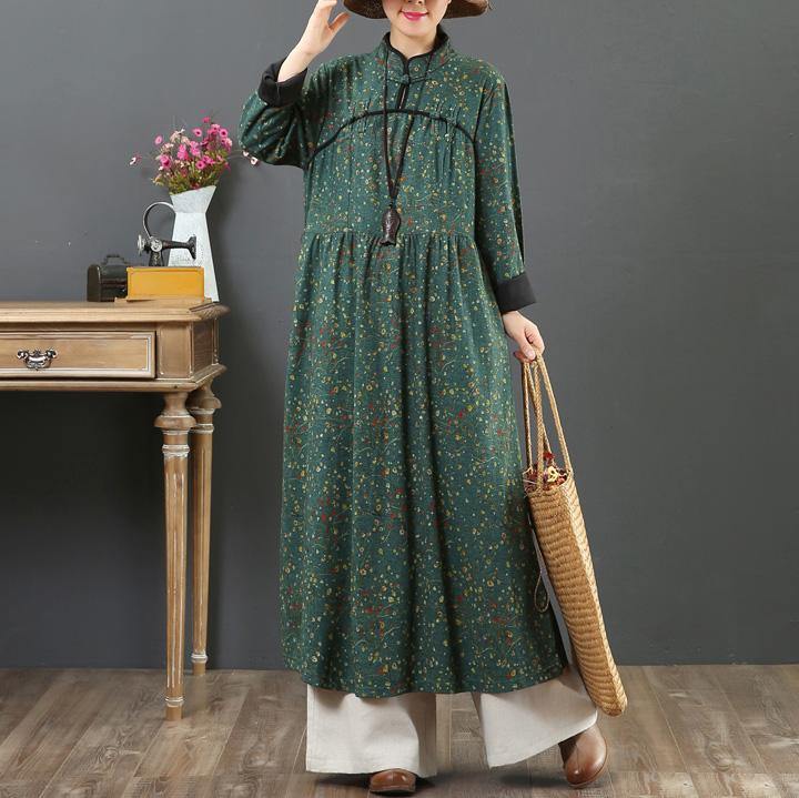 Unique Chinese Button cotton stand collar dress Tunic Tops green prints cotton robes Dresses - Omychic