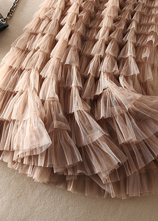 Unique Coffee Apricot Patchwork wrinkled Tulle Skirts Spring