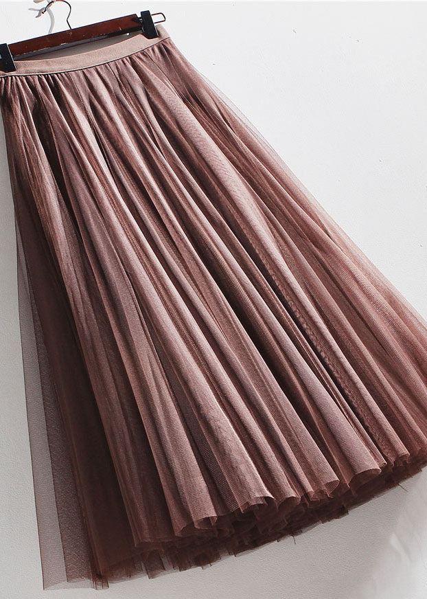 Unique Chocolate Elastic Waist Tulle Pleated Skirt Spring