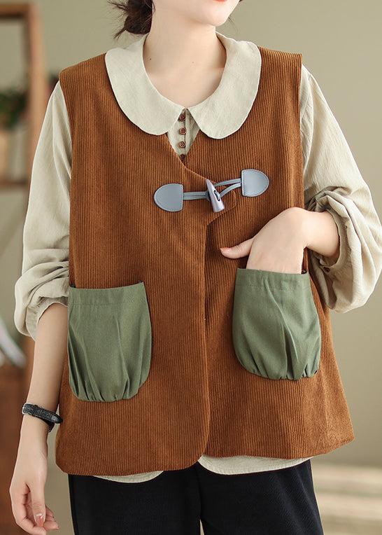 Unique Coffee V Neck Horn Button Corduroy Vest Sleeveless