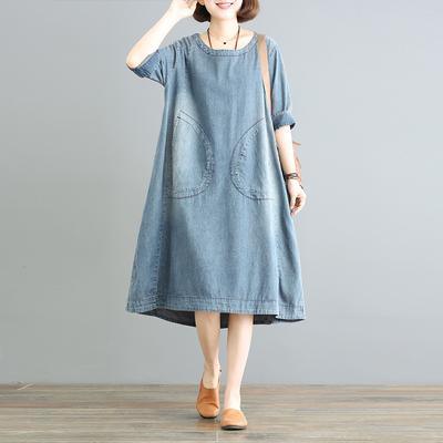 Unique Cotton outfit Plus Size Women Summer Loose Casual Denim Dress - Omychic