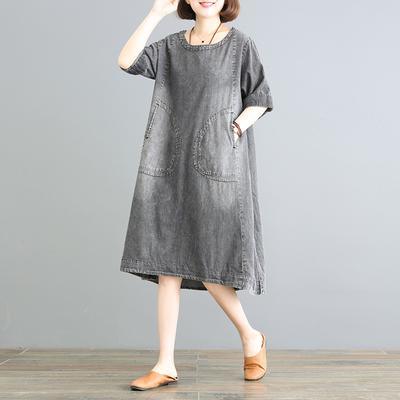 Unique Cotton outfit Plus Size Women Summer Loose Casual Denim Dress - Omychic