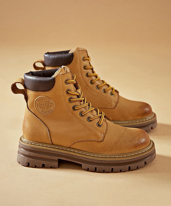 Unique Cross Strap Boots Yellow Cowhide Leather Mountaineering Boots