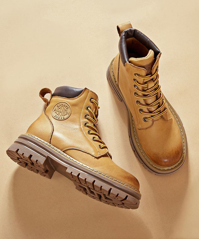 Unique Cross Strap Boots Yellow Cowhide Leather Mountaineering Boots