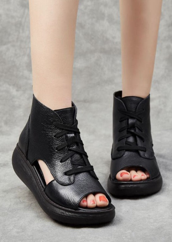 Unique Cross Strap Wedge Sandals Black Cowhide Leather