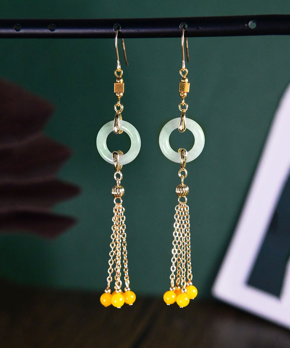 Unique Cyan 14K Gold Jade Beeswax Tassel Drop Earrings