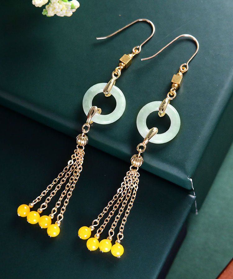 Unique Cyan 14K Gold Jade Beeswax Tassel Drop Earrings