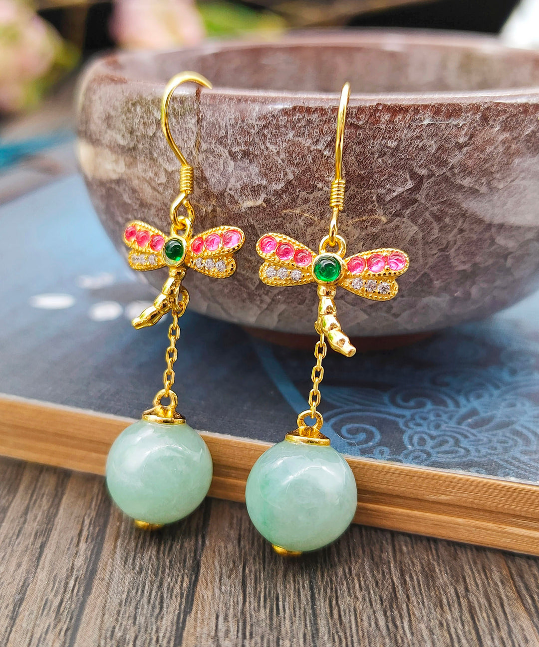 Unique Cyan Sterling Silver Overgild Jade Dragonfly Tassel Drop Earrings