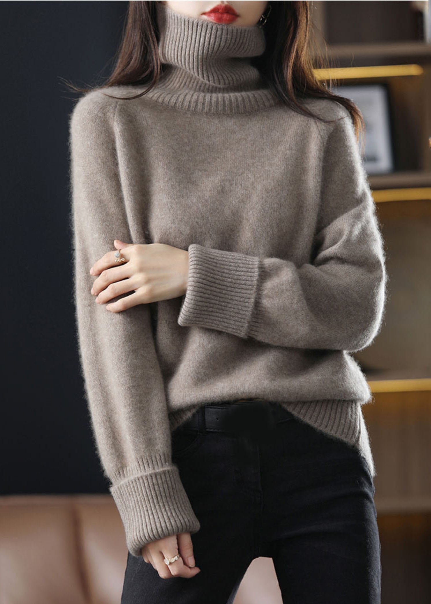 Camel High Neck Asymmetric Hem Sweater