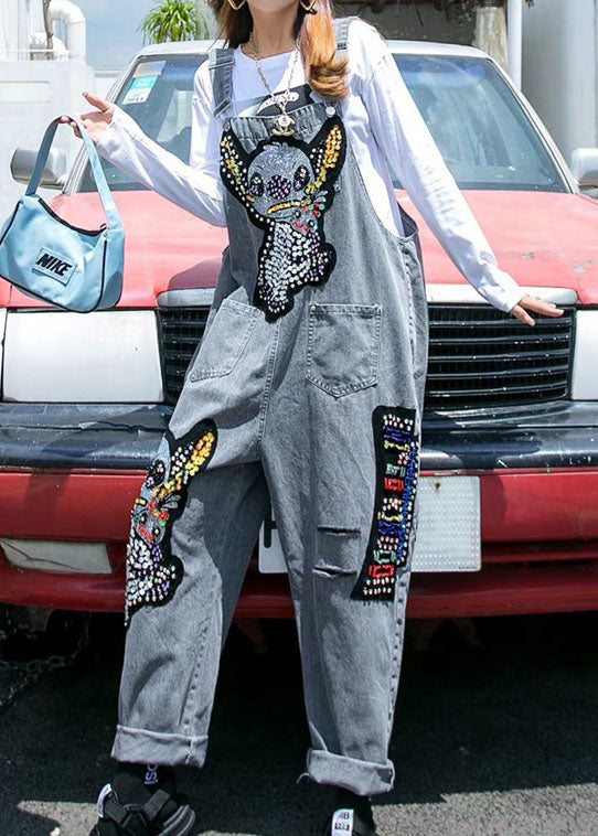 Unique Dark Grey Nail Bead Cartoon Sequins Patchwork Denim Wide Leg Jumpsuit Spring