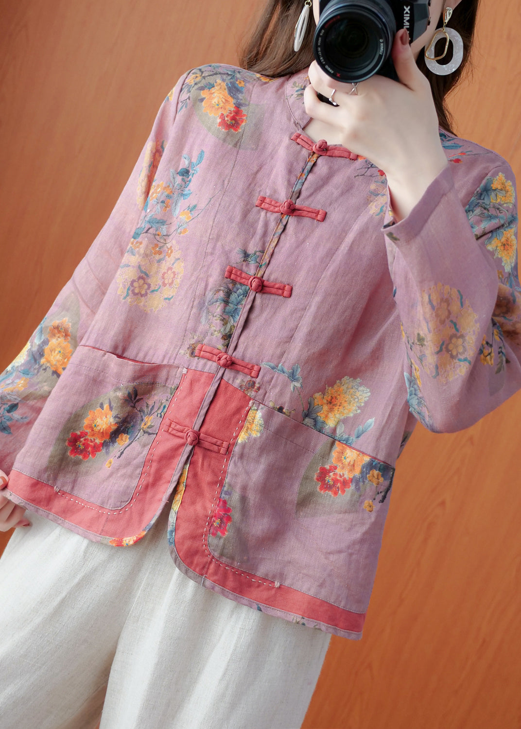 Unique Dark Pink Stand Collar Pockets Print Linen Coat Long Sleeve