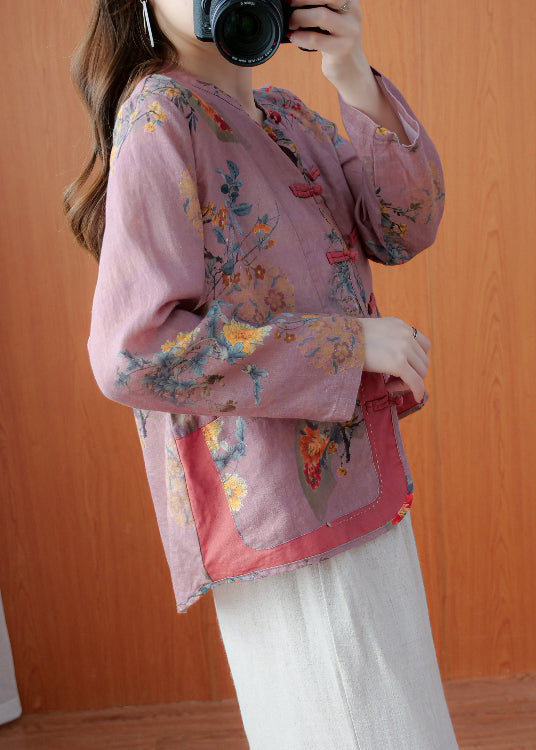 Unique Dark Pink Stand Collar Pockets Print Linen Coat Long Sleeve