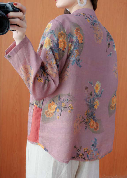 Unique Dark Pink Stand Collar Pockets Print Linen Coat Long Sleeve