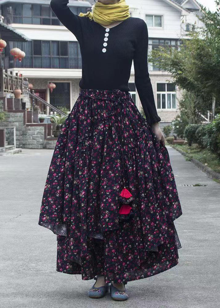 Unique Floral Cinched Asymmetrical Patchwork Cotton Skirt Fall