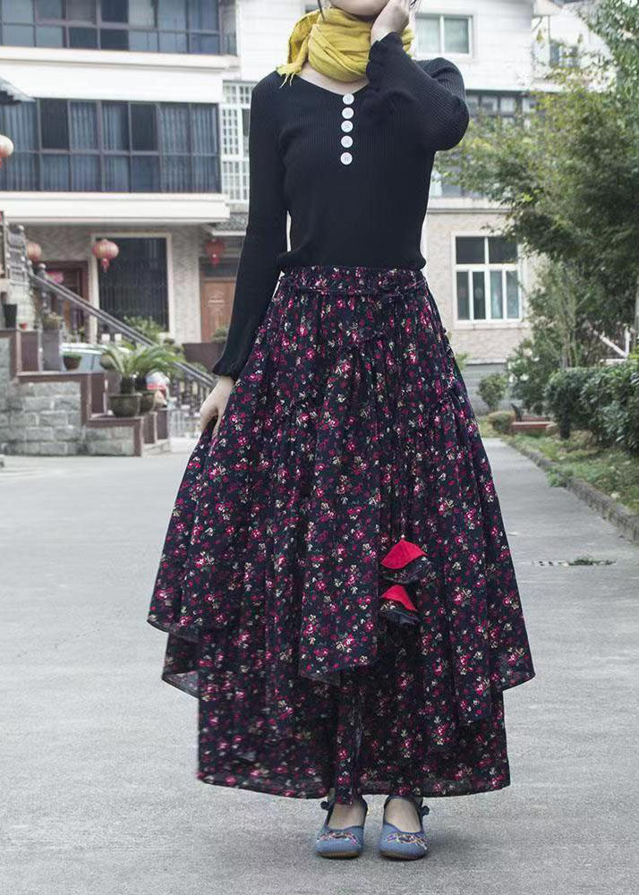Unique Floral Cinched Asymmetrical Patchwork Cotton Skirt Fall