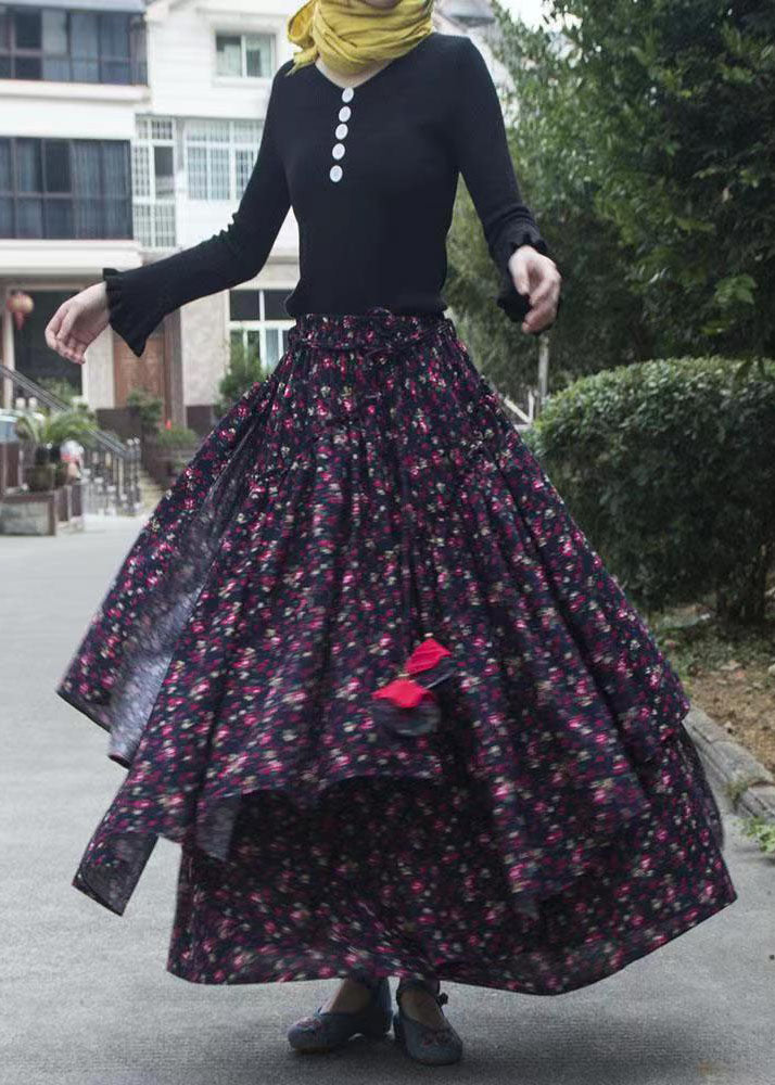 Unique Floral Cinched Asymmetrical Patchwork Cotton Skirt Fall