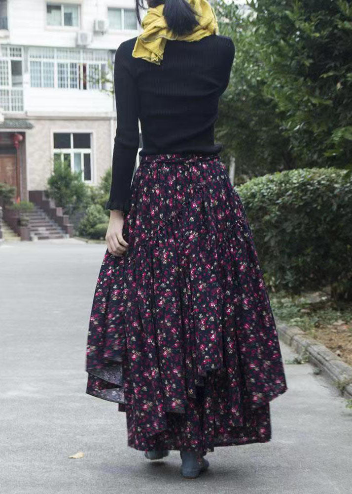 Unique Floral Cinched Asymmetrical Patchwork Cotton Skirt Fall