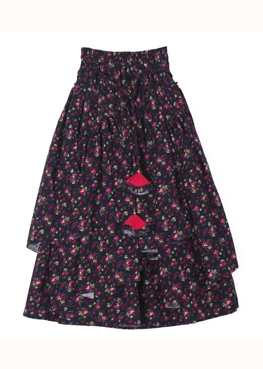 Unique Floral Cinched Asymmetrical Patchwork Cotton Skirt Fall