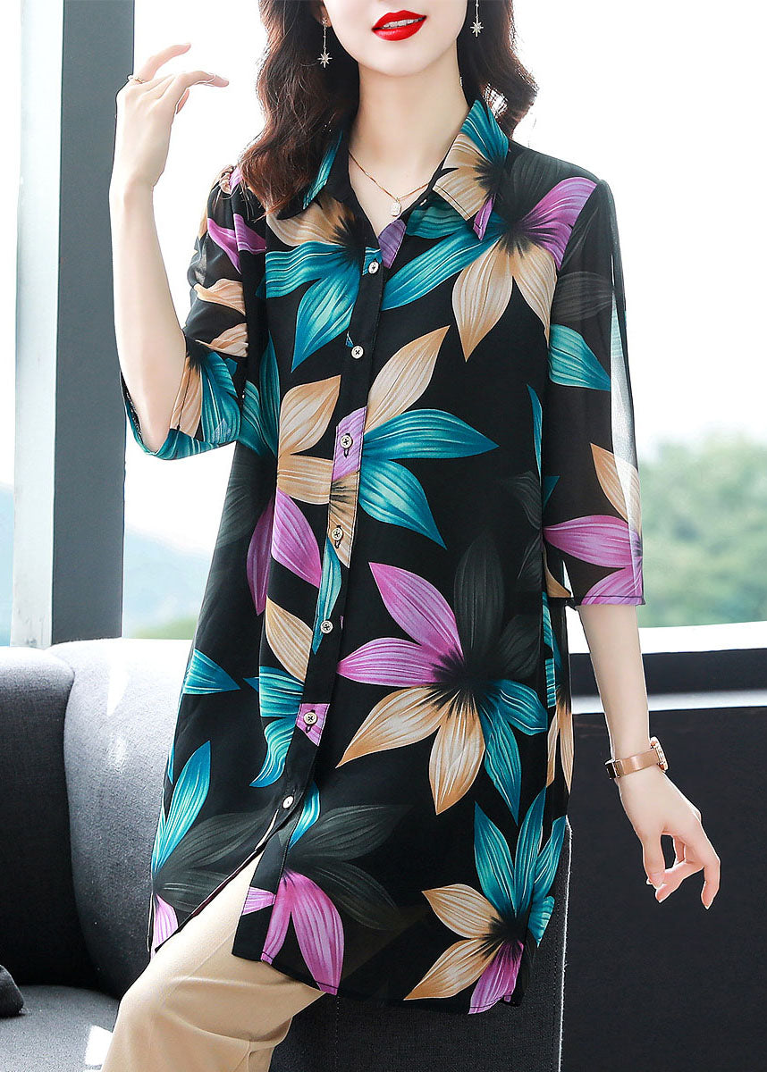 Unique Floral Peter Pan Collar Patchwork Chiffon Shirt Tops Summer