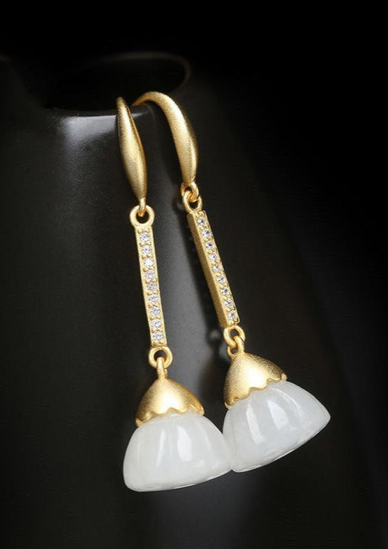 Unique Gold Sterling Silver Overgild Jade Zircon Drop Earrings