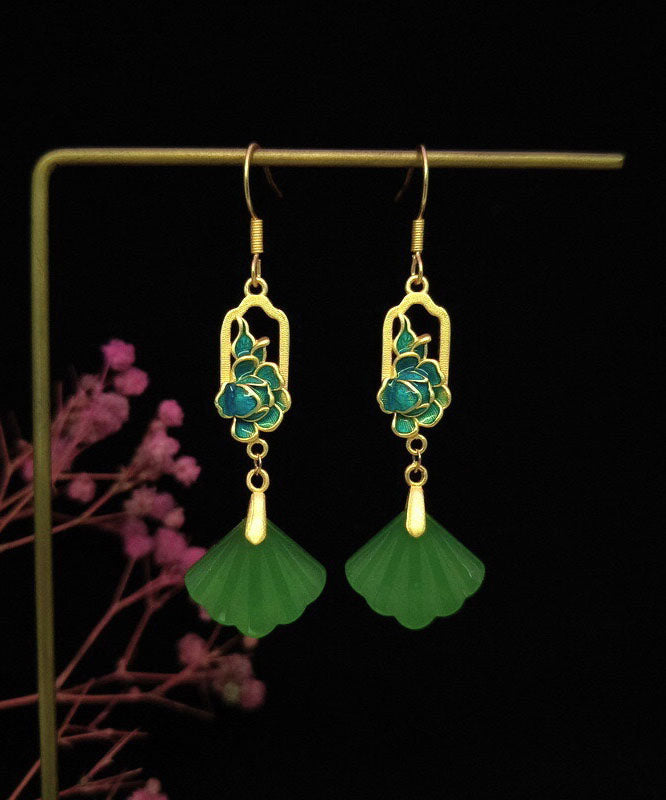 Unique Green Alloy Jade Shell Fan Shaped Tassel Drop Earrings