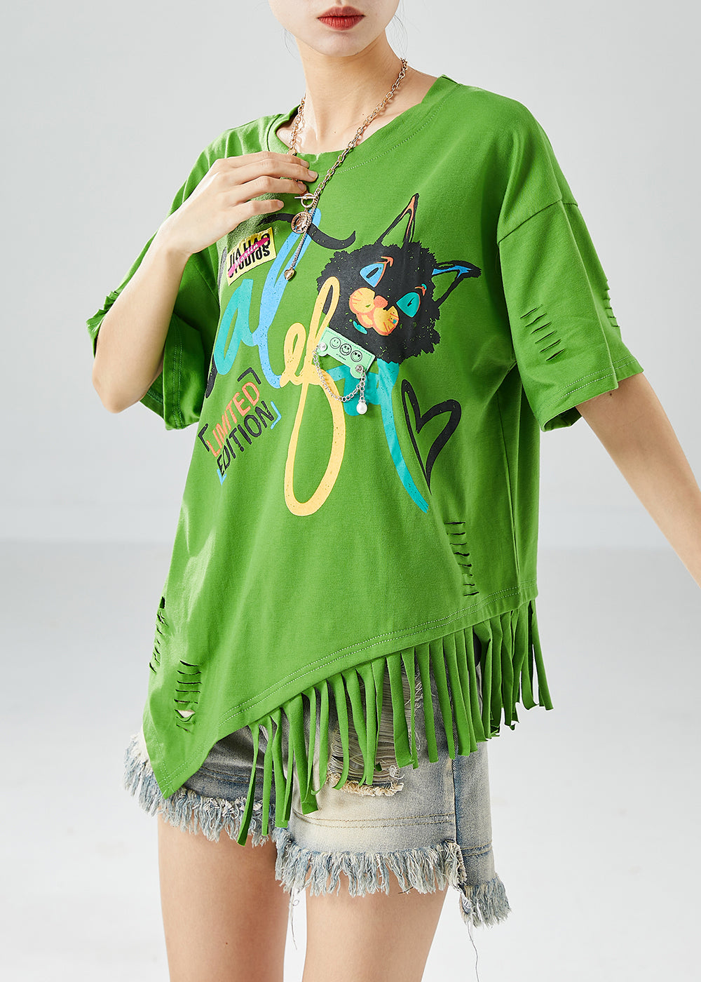 Unique Green Asymmetrical Tassel Print Cotton Ripped Tops Summer