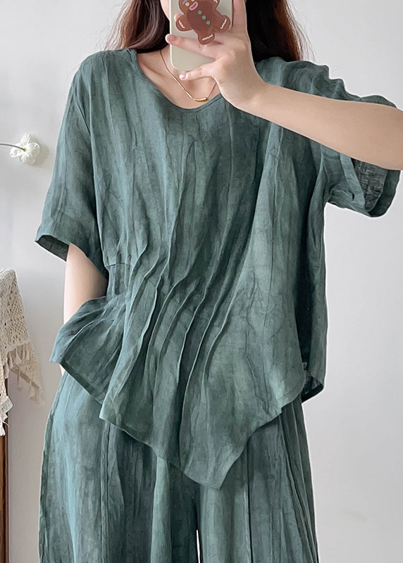 Unique Green Asymmetrical Wrinkled Tie Dye Linen Women Sets 2 Pieces Fall