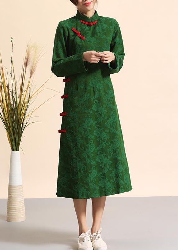 Unique Green Clothes Stand Collar Chinese Button Plus Size  Spring Dresses - Omychic