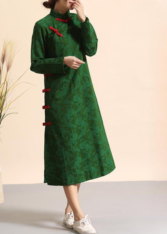Unique Green Clothes Stand Collar Chinese Button Plus Size  Spring Dresses - Omychic