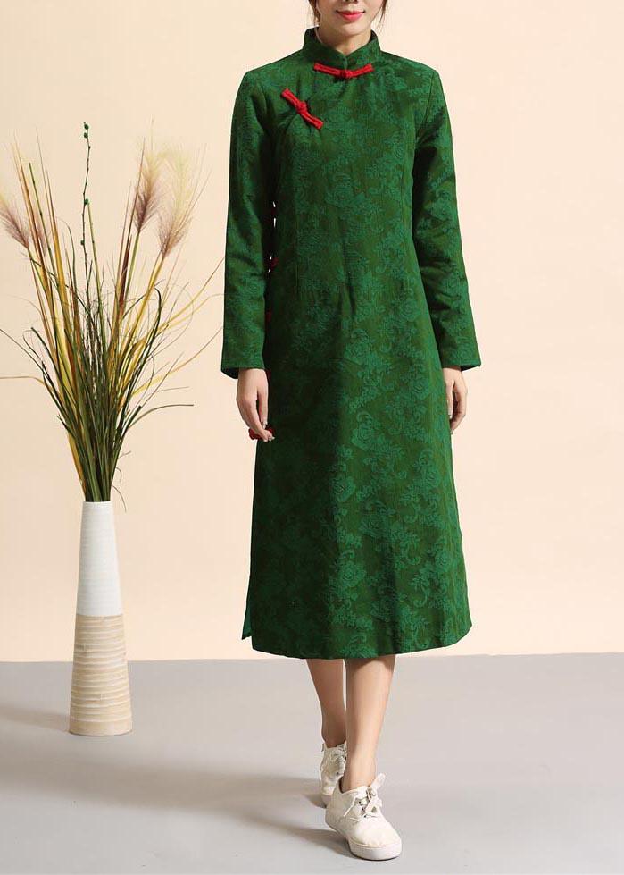 Unique Green Clothes Stand Collar Chinese Button Plus Size  Spring Dresses - Omychic