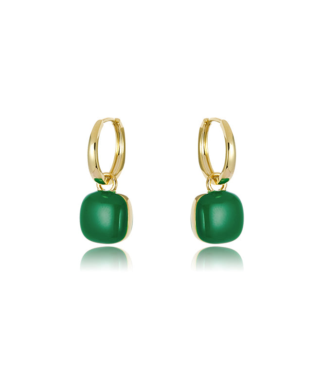 Unique Green Copper Overgild 18K Gem Stone Square Drop Earrings