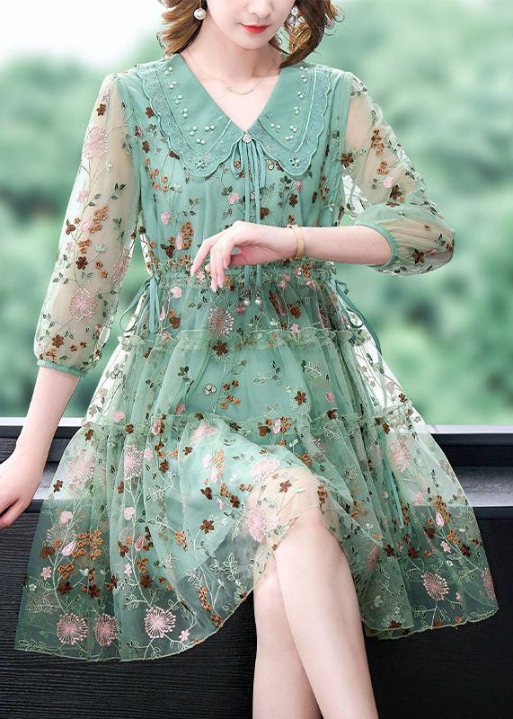 Unique Green Embroideried Ruffled Hollow Out Organza Cinch Dress Bracelet Sleeve