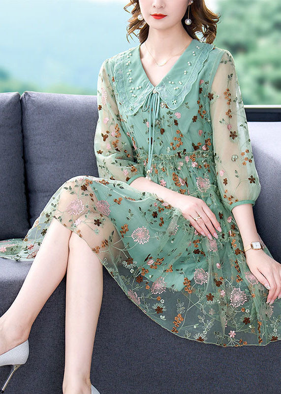 Unique Green Embroidered Ruffled Hollow Out Organza Cinch Dress Bracelet Sleeve