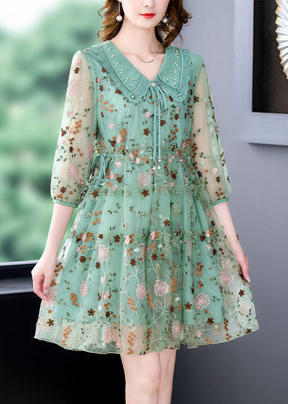 Unique Green Embroidered Ruffled Hollow Out Organza Cinch Dress Bracelet Sleeve