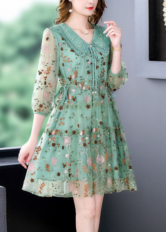 Unique Green Embroideried Ruffled Hollow Out Organza Cinch Dress