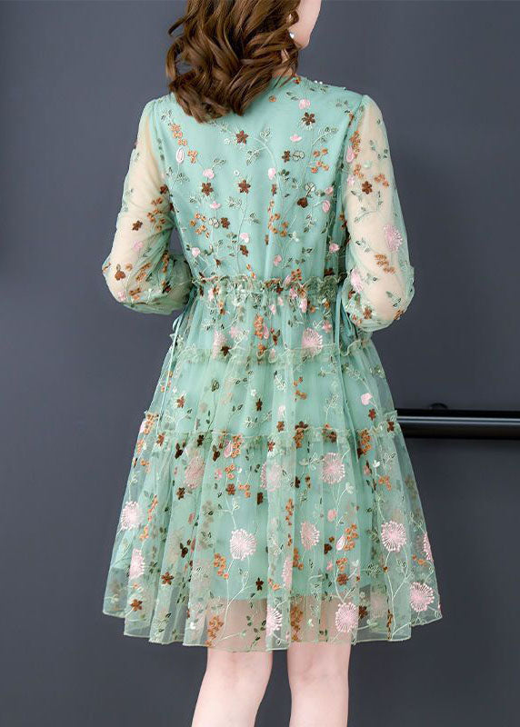 Unique Green Embroidered Ruffled Hollow Out Organza Cinch Dress Bracelet Sleeve